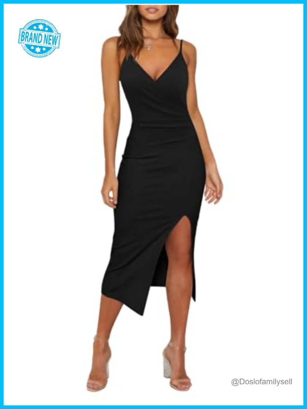 WAYMAKER Women's Sexy V Neck Spaghetti Strap Wrap Ruched Side Slit Bodycon